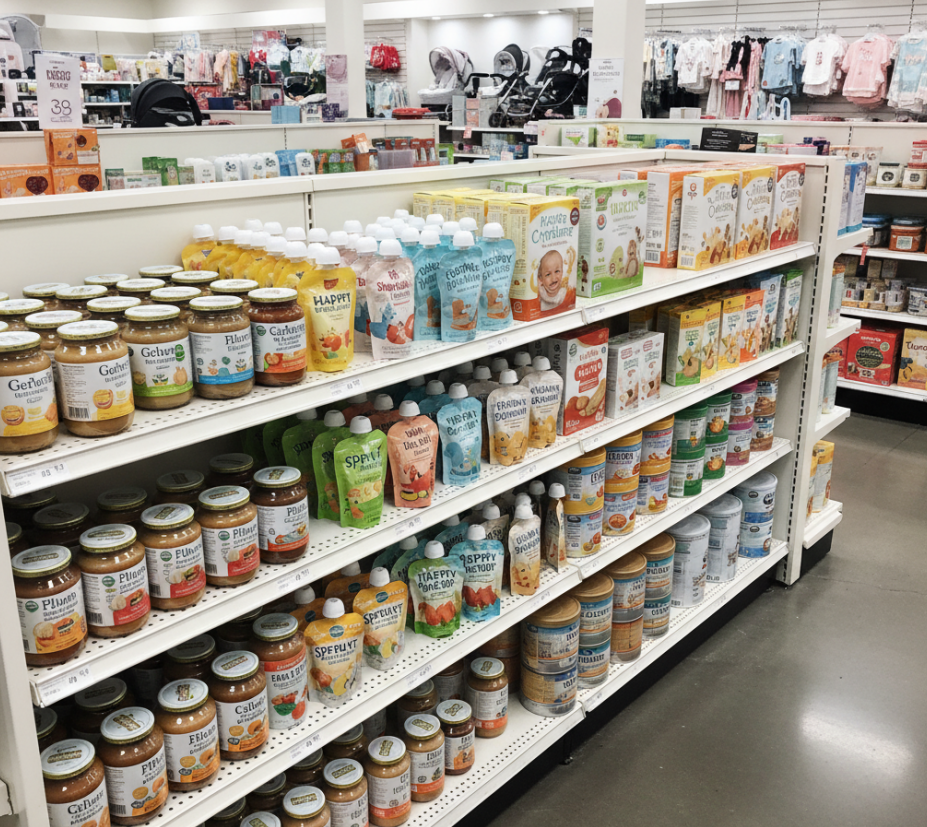 Baby food on the shelves in a maternity and baby store
