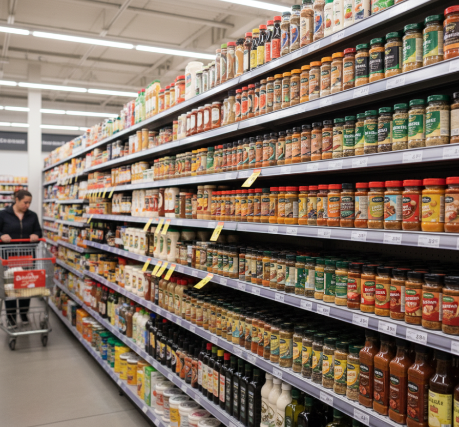 Condiments on supermarket shelves