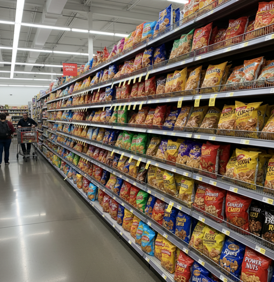 Pre-packaged snacks on supermarket shelves