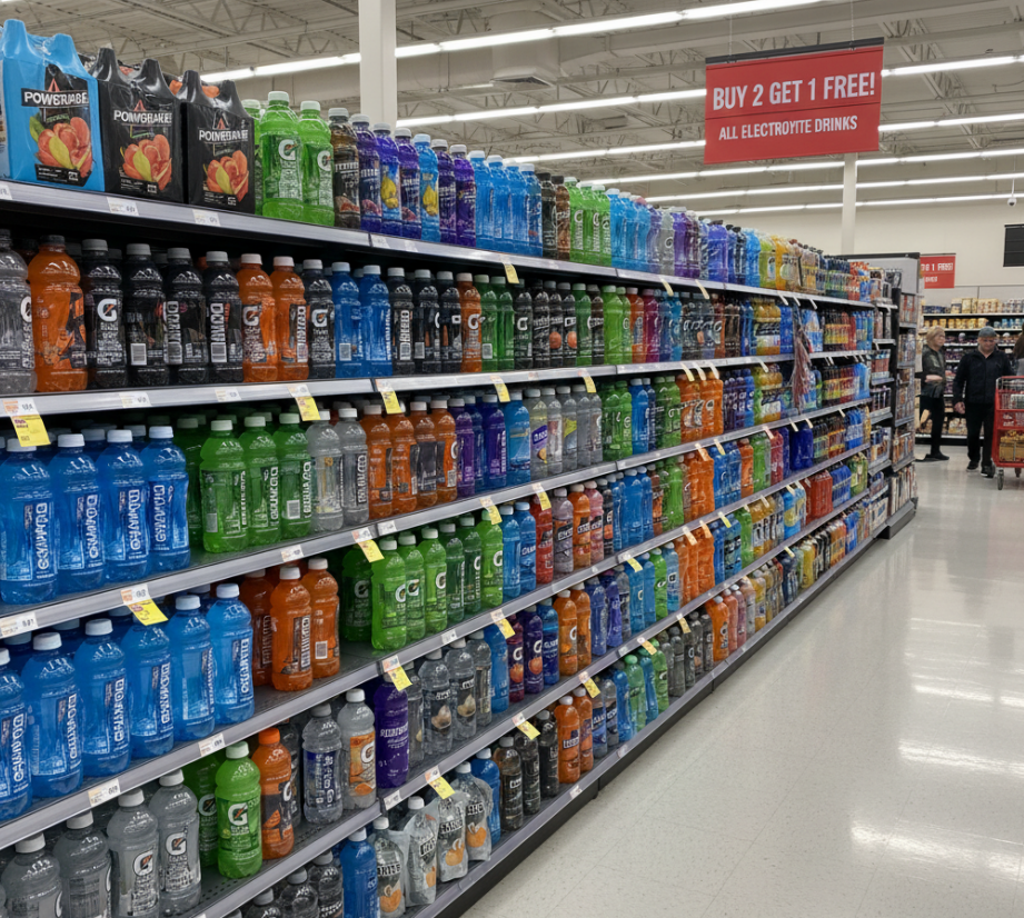 Sports drinks on supermarket shelves