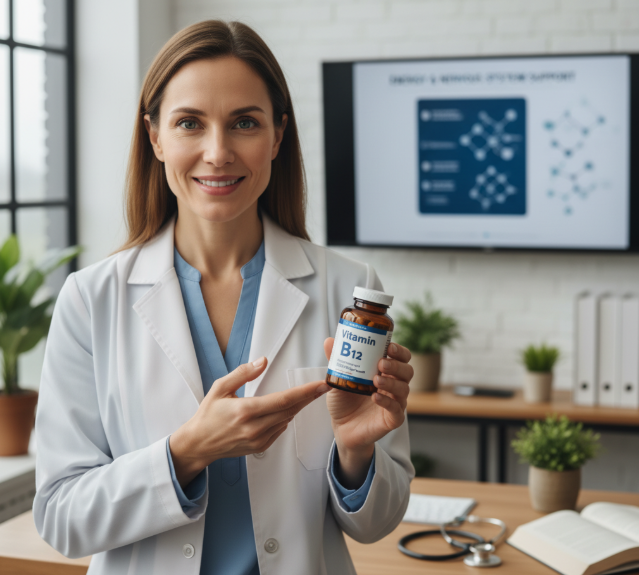 explicó la nutricionista mientras sostenía un frasco de vitamina B12.