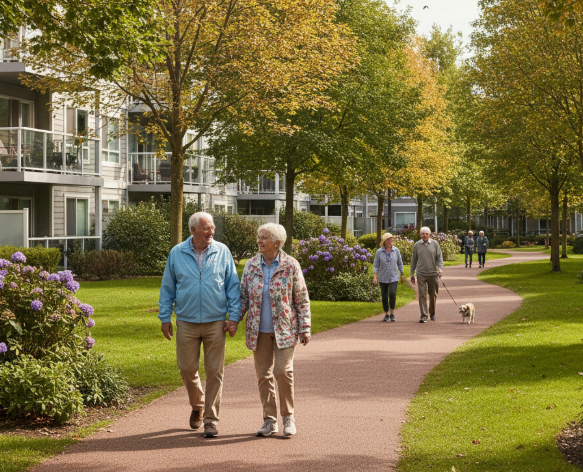 a picture of elderly people walking on the greenway of a community