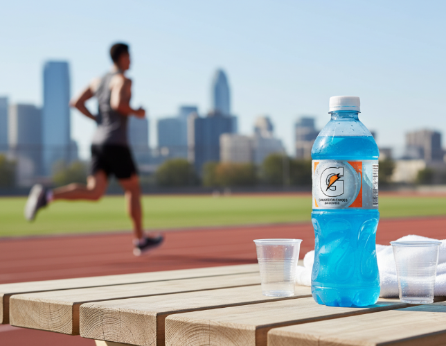 a picture of a sports drink on a table in the foreground, followed by a running athlete