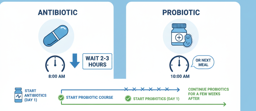 The timing of taking probiotics and antibiotics.