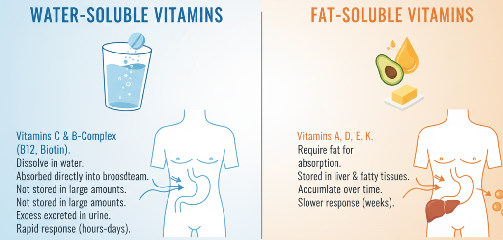 تختلف أوقات ظهور فعالية الفيتامينات باختلاف أنواعها.