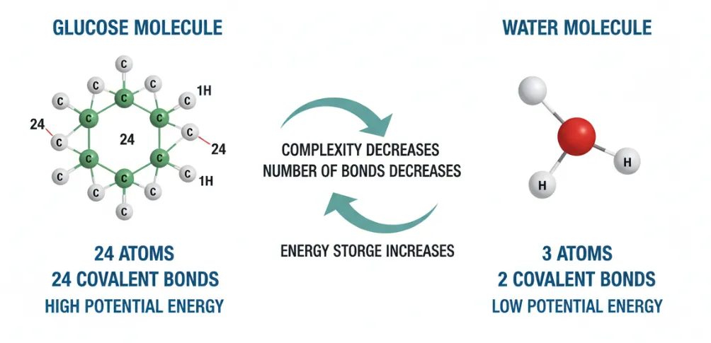 The complexity of water and glucose molecules and the number of chemical bonds they contain.