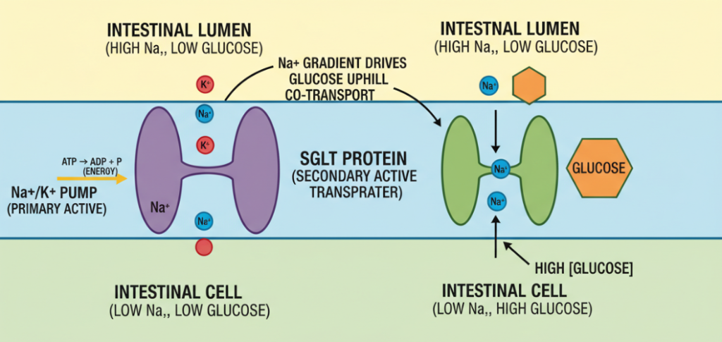 グルコースは二次的な能動輸送によって人体に入る。