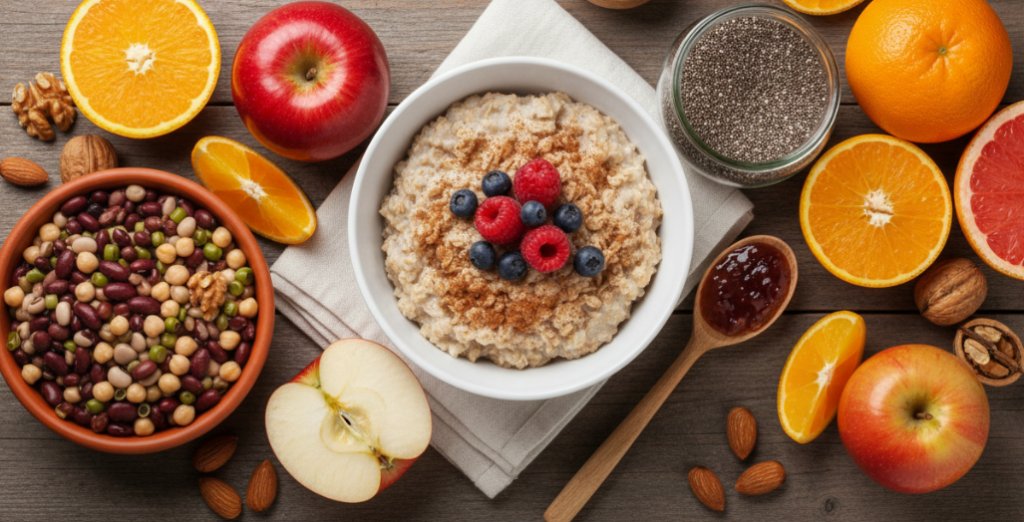 Una colección de alimentos ricos en fibra dietética soluble.