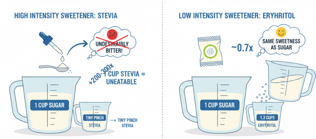 The difference in sweetness between erythritol and stevia.