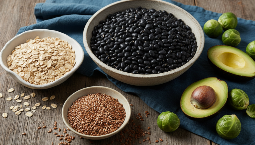 Schwarze Bohnen, Haferflocken, Avocado, Rosenkohl und Leinsamen