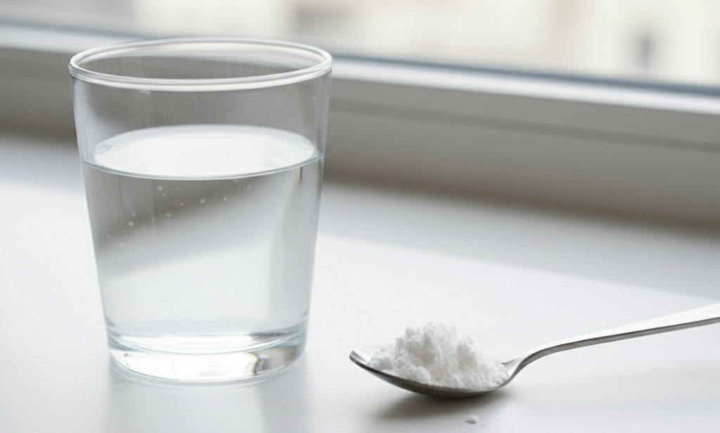 A small spoonful of resistant dextrin was placed next to a glass of water.