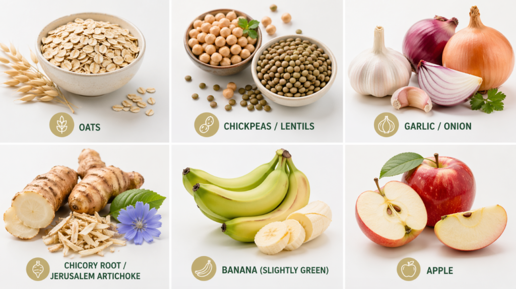 Aliments prébiotiques courants tels que l'avoine, l'ail, les oignons, les bananes, les pommes et les légumineuses riches en fibres qui favorisent la santé intestinale.
