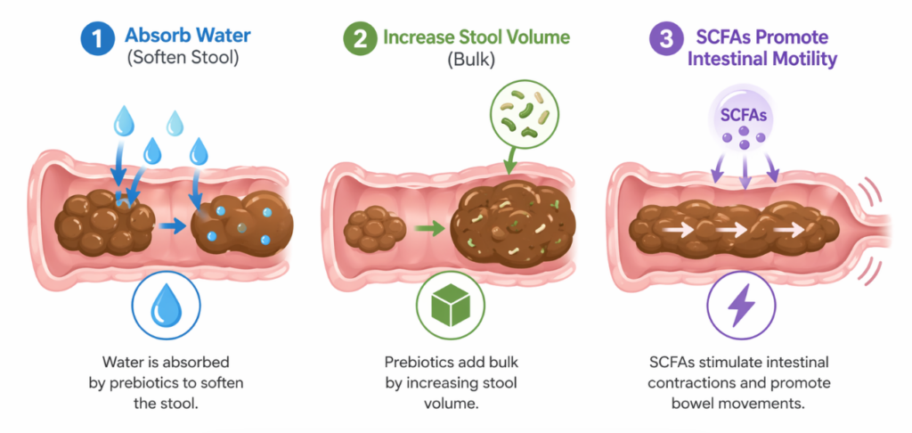 Comment les prébiotiques améliorent le transit intestinal en augmentant le volume des selles, en attirant l'eau dans le côlon et en produisant des acides gras à chaîne courte ?