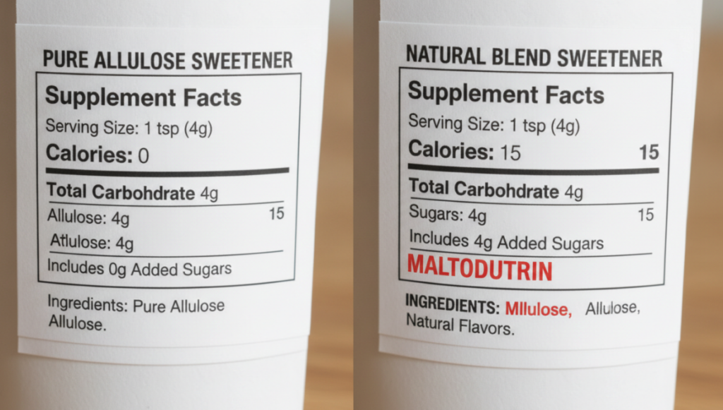 an image showing a close-up of two nutrition labels: one pure allulose, and one fake blend highlighting maltodextrin in red