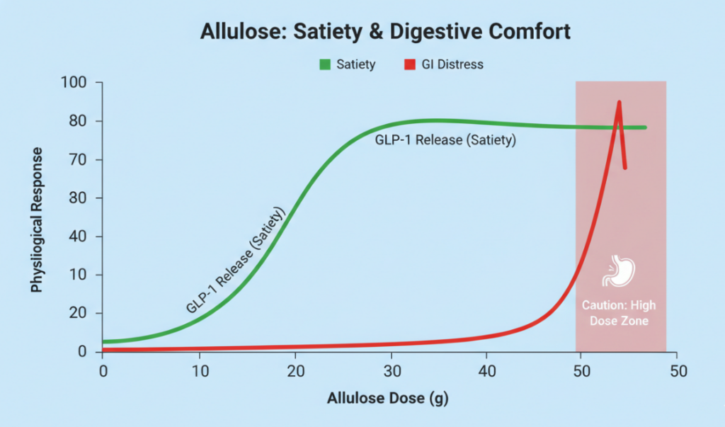 an infographic showing the “Satiety vs. GI Distress Curve.” The X-axis is the Allulose Dose (0-50g), and the Y-axis shows two lines: Green for GLP-1 Release peaking at 15g, and Red for GI Distress spiking sharply after 20g.