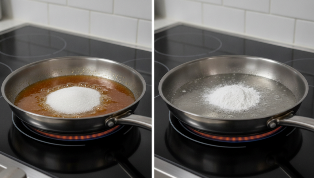 A side-by-side comparison of regular sugar melting into a golden caramel and allulose melting into a clear liquid in stainless steel pans
