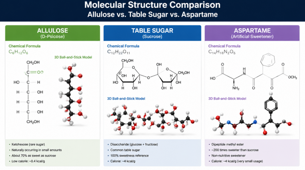 A high-quality diagram showing the molecular structure of Allulose vs. Table Sugar vs. Aspartame.