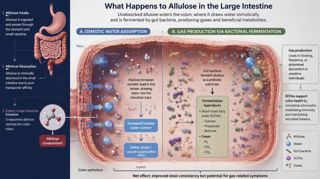 Insert an infographic here illustrating the microscopic biochemical processes involved when allulose—unabsorbed in the small intestine—enters the large intestine and triggers "osmotic water absorption" and "gas production via bacterial fermentation."