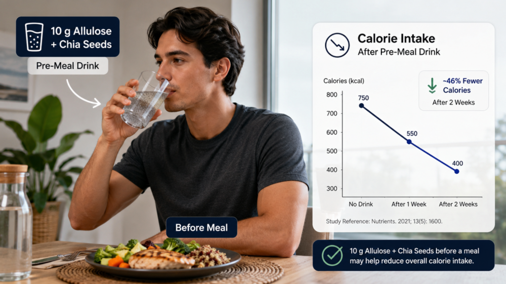 Insert here picture showing the subject drinking 10 grams of allulose powder dissolved in water containing chia seeds before a meal, accompanied by a graph showing the subsequent downward trend in calorie intake.