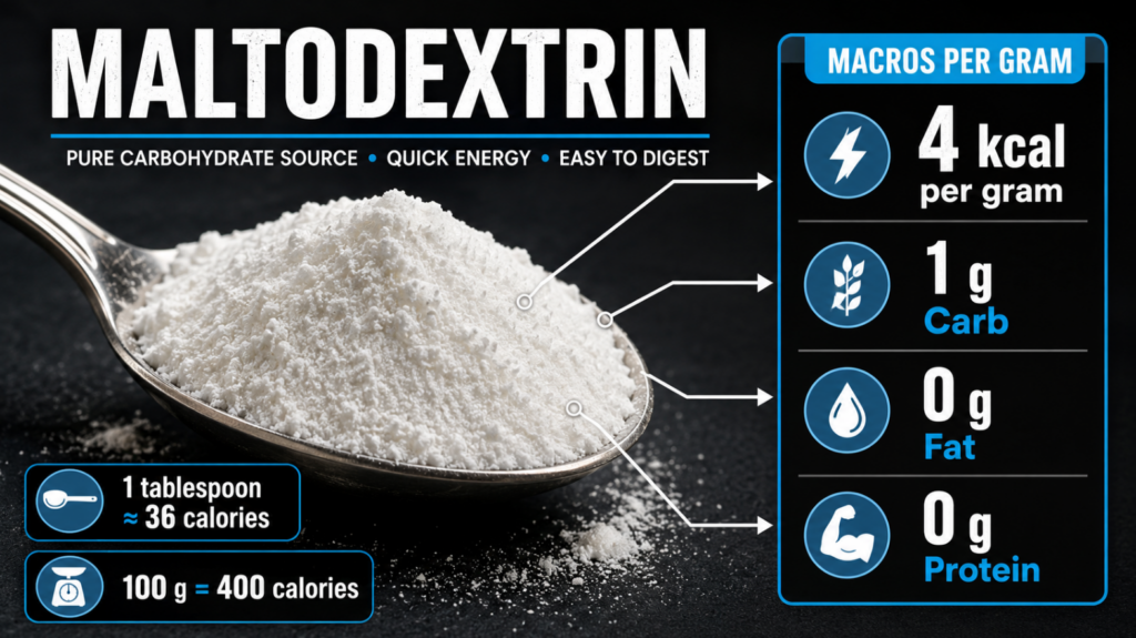 Insert a high-contrast infographic showing a spoonful of white maltodextrin powder pointing to its exact macro breakdown: 4 kcal, 1g Carb, 0g Fat, 0g Protein.