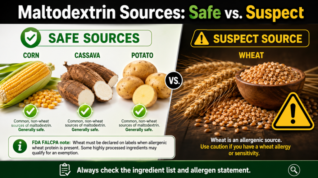 Insert a high-contrast infographic here titled "Maltodextrin Sources: Safe vs. Suspect." Depict corn, cassava, and potatoes in green on the left, and wheat with a yellow warning symbol on the right; include a note regarding FDA FALCPA regulations