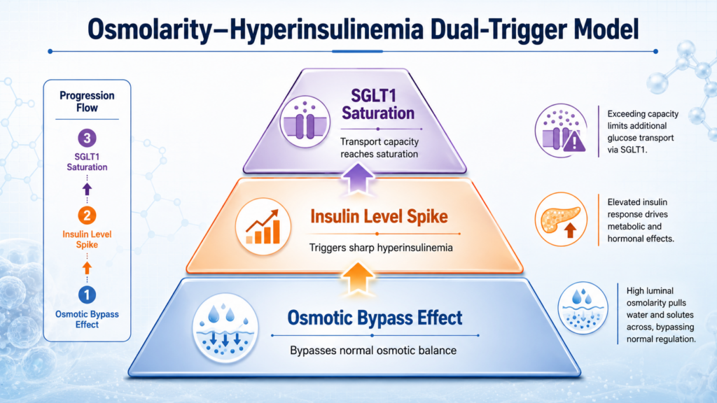 A Pyramidal Schematic Illustrating The "Osmolarity-Hyperinsulinemia Dual-Trigger Model." Bottom: Osmotic Bypass Effect. Middle: Surge In Insulin Levels. Top: Sglt1 Saturation.