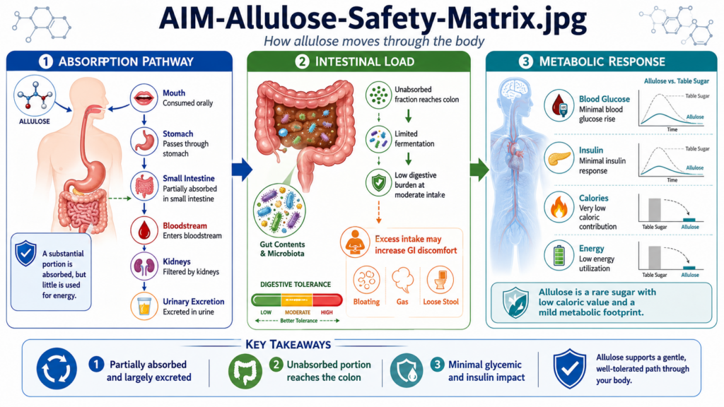 This Diagram Is Divided Into Three Modules—"Absorption Pathways," "Intestinal Load," And "Metabolic Response"—Illustrating The Circulation Of Allulose Within The Body.