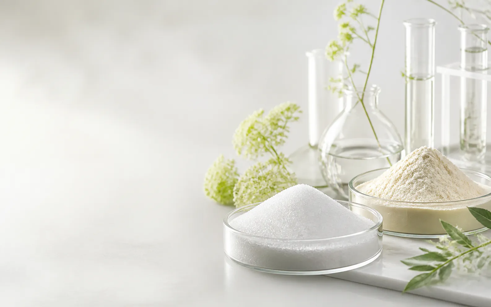 Allulosio e polidestrosio in polvere come ingredienti in un ambiente pulito dedicato alla scienza alimentare