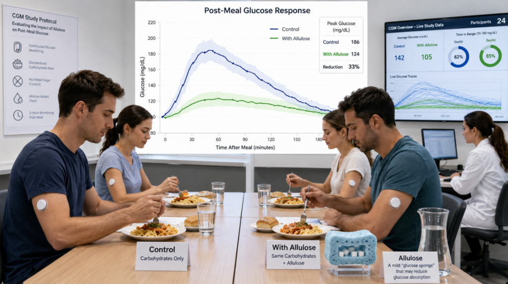 Insert a dynamic data video here showing two groups of patients consuming carbohydrates while wearing CGMs [continuous glucose monitors]; the blood glucose curve of the group that included allulose is noticeably flattened. The video should feature professional, medically accurate graphs.