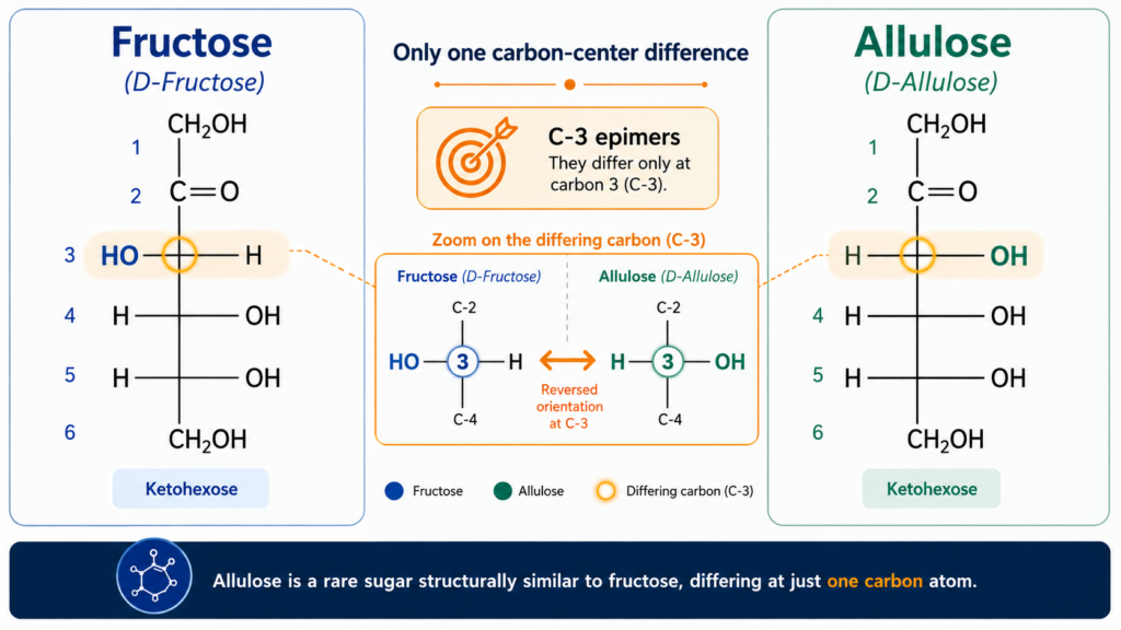On The Left Is An Ordinary Fructose Molecule, And On The Right Is An Allulose Molecule; The Structural Difference Between The Two At A Single Carbon Atom Is Highlighted.