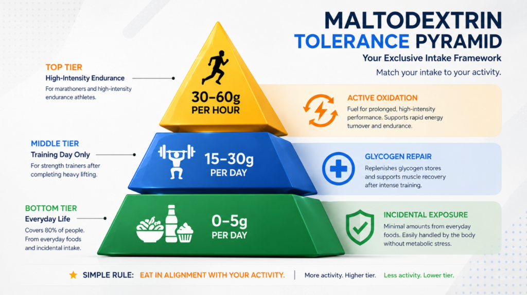Insert an image of a beautifully designed pyramid model here. The bottom tier is labeled "Incidental Exposure (0-5g)," the middle tier "Glycogen Repair (15-30g)," and the top tier "Active Oxidation (30-60g/hr)."