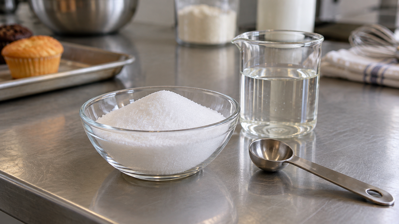 Crystalline allulose powder in a glass bowl beside clear syrup on a food formulation workbench.
