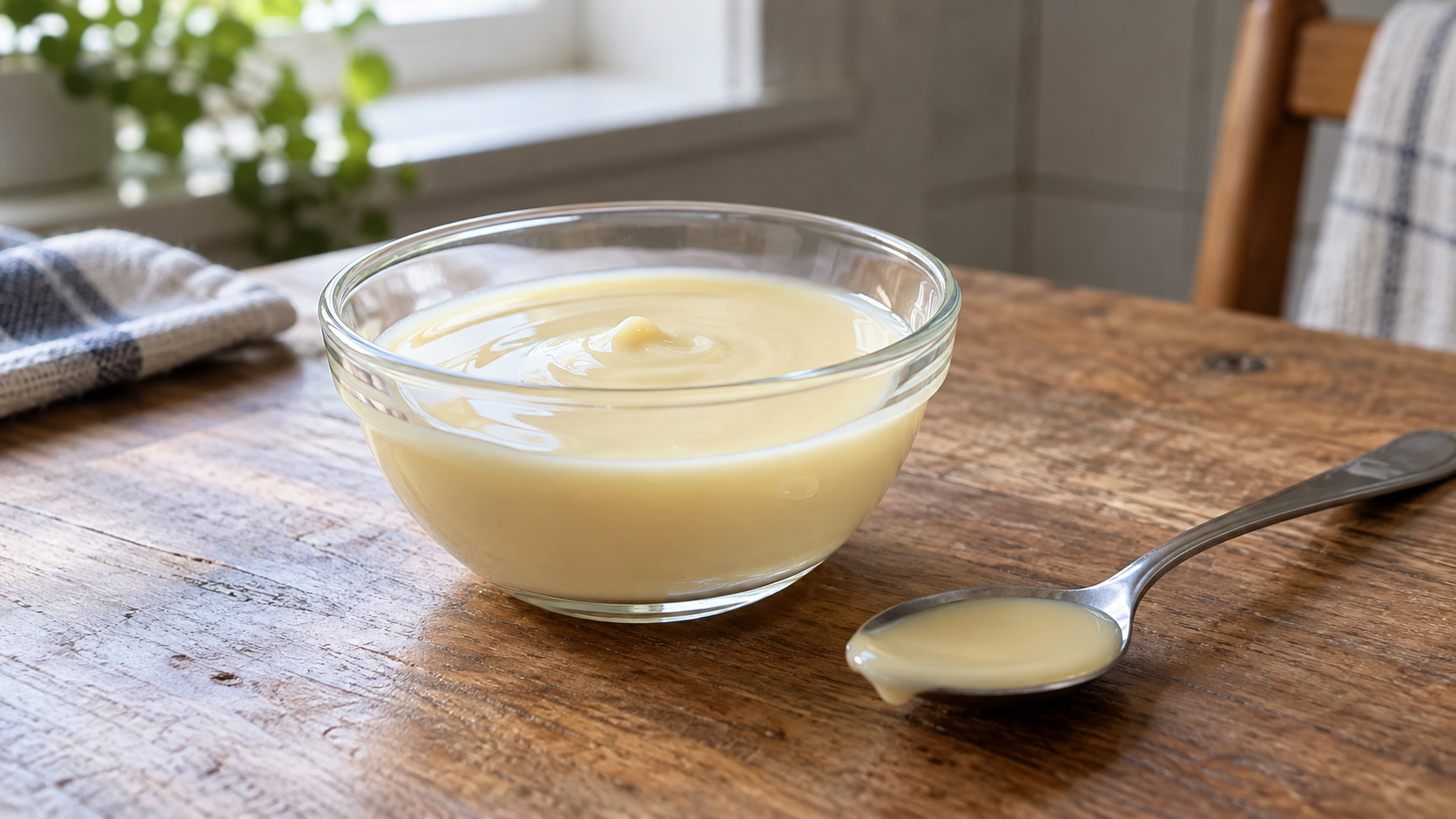 An unbranded pale condensed milk alternative in a clear glass bowl beside a spoon.