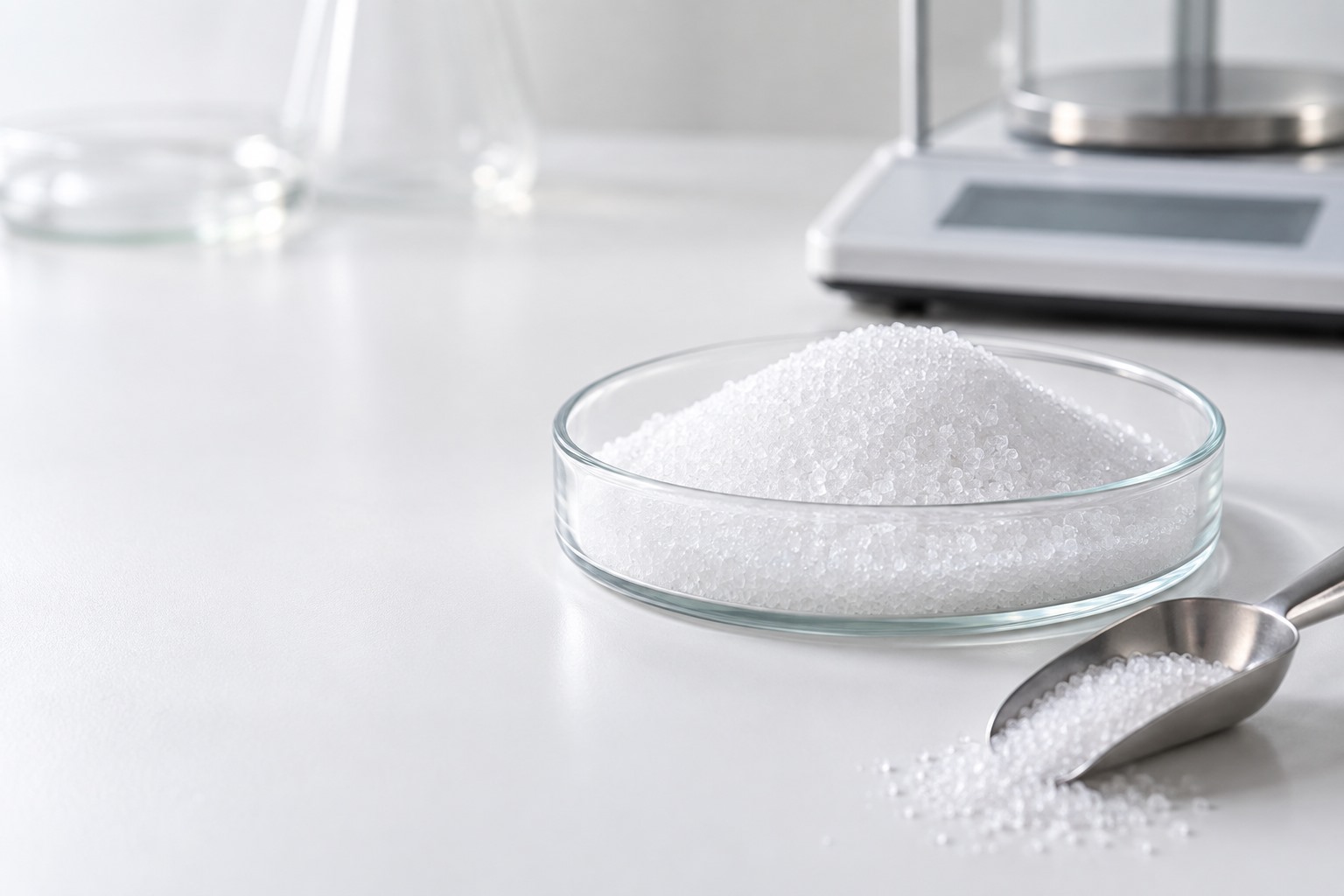 White crystalline sweetener xylitol in a clean food ingredient laboratory setting.