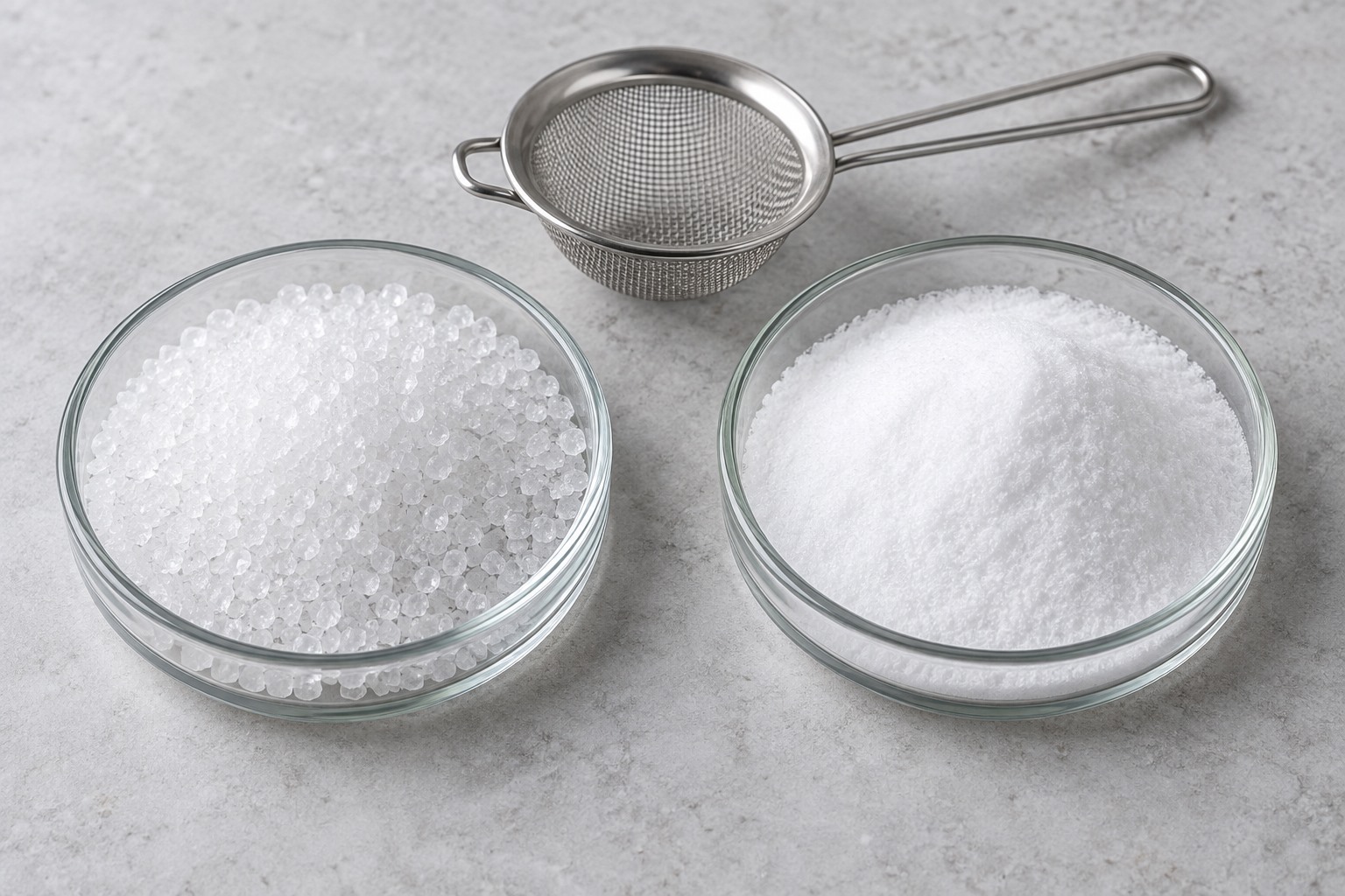 Side-by-side comparison of coarse xylitol crystals and fine xylitol powder.