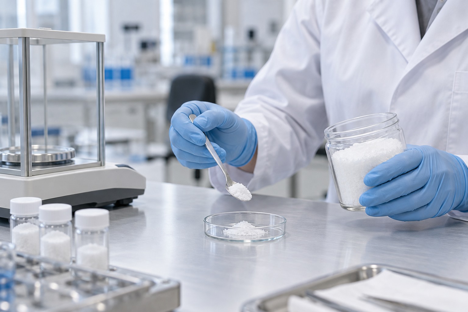 Food ingredient technician checking a xylitol powder sample in a quality-control laboratory.