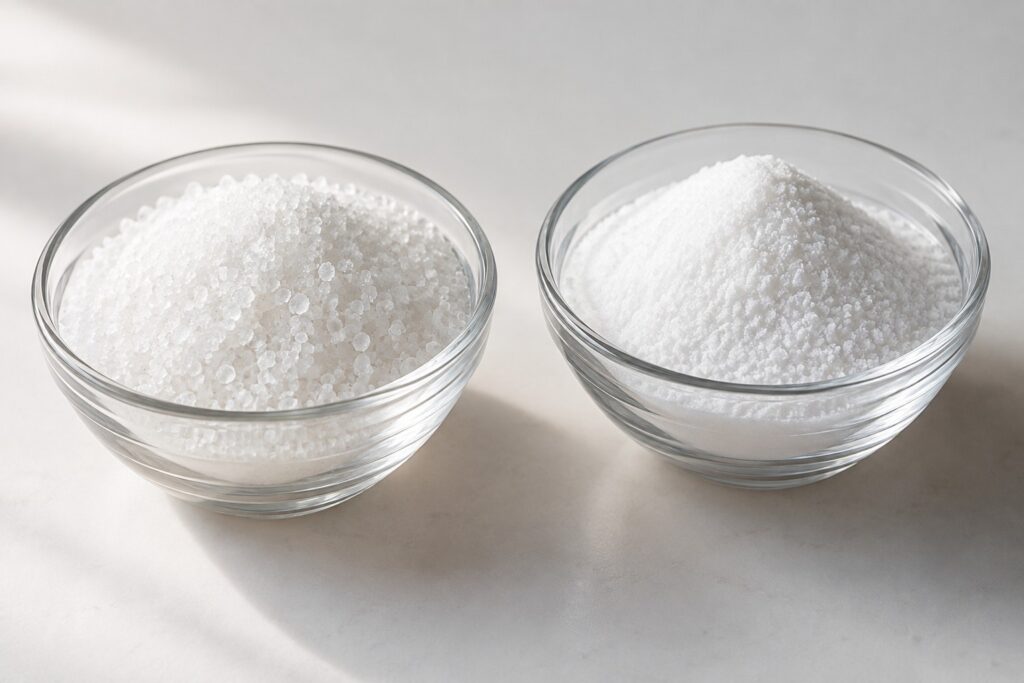 Two bowls illustrating coarse xylitol crystals and fine xylitol powder