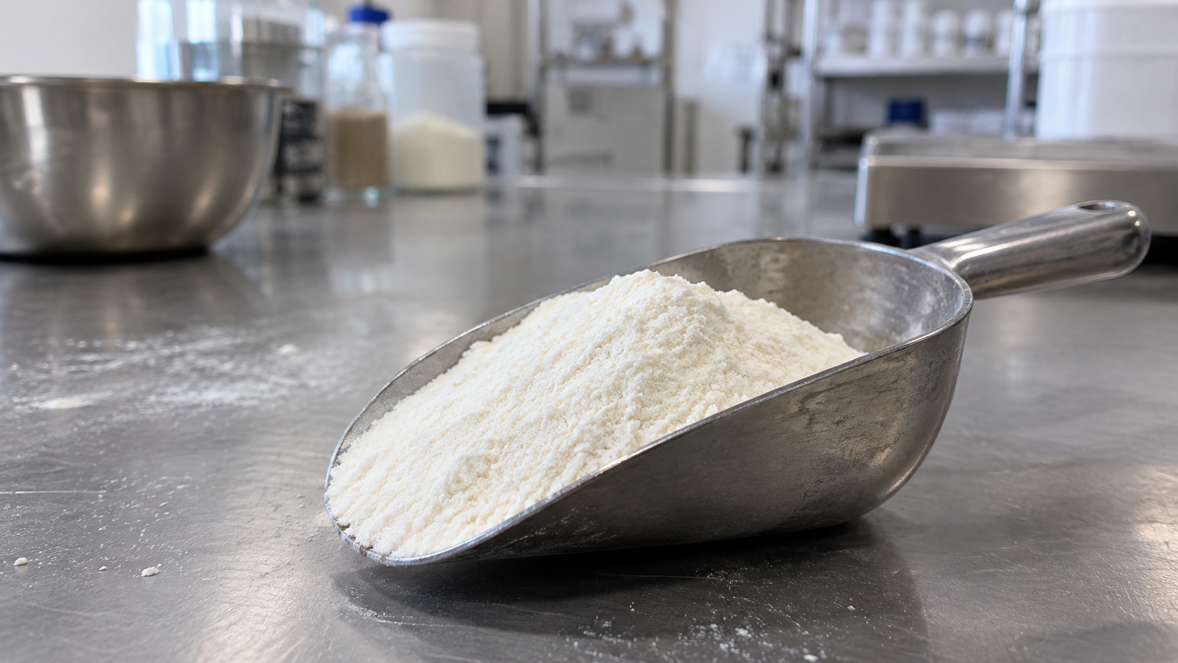 Fine white maltodextrin powder in a stainless-steel scoop on a food-ingredient work surface.