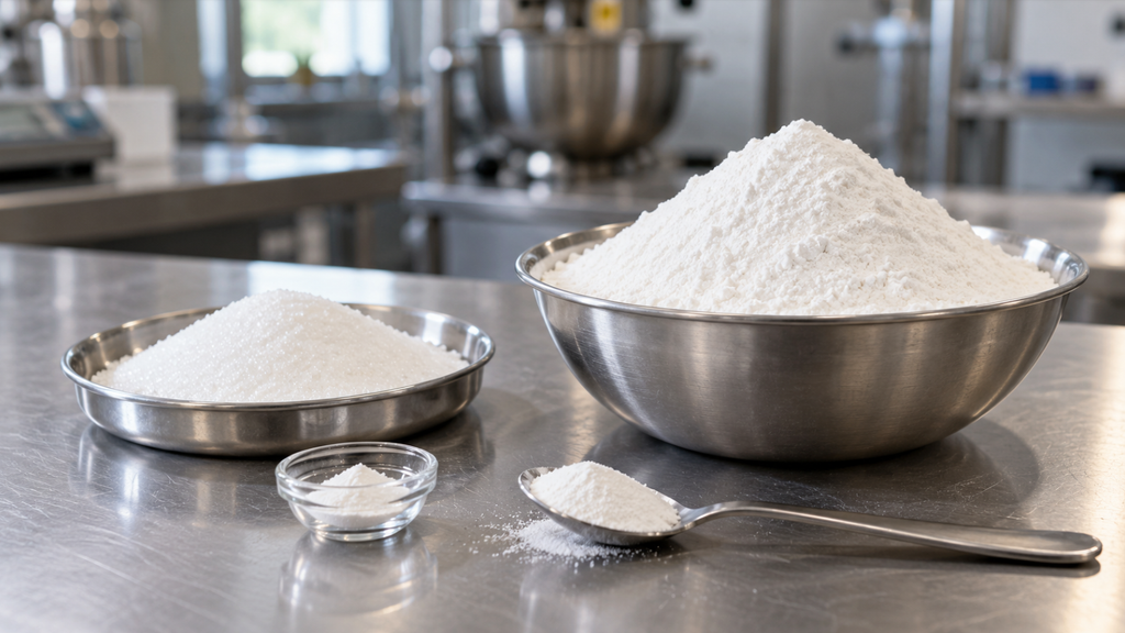 Dextrose, Maltodextrin and Sucralose White Powders in Stainless Steel Bowls and Measuring Spoon on a Food Processing Workbench