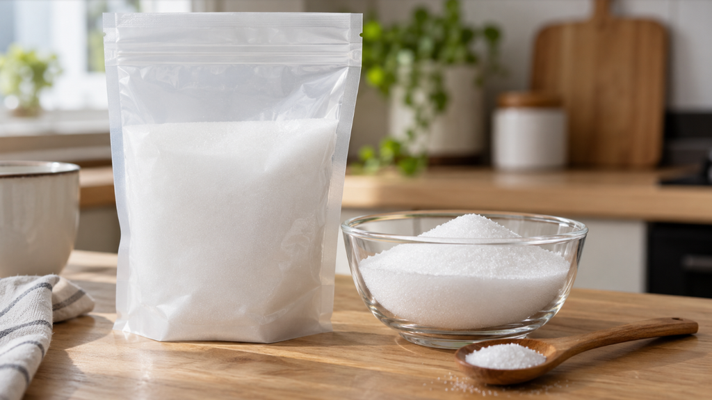 Pure Crystalline Allulose Sweetener Powder in a Bowl and Packaging on a Kitchen Counter